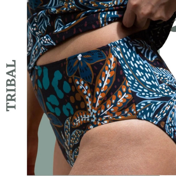 Tribal Reversible High-Waist Bikini Bottoms UPF 50 Atlantic Black Blue Green - Picture 2 of 5